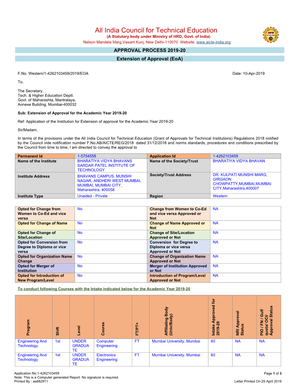 All India Council for Technical Education (A Statutory Body Under Ministry of HRD, Govt