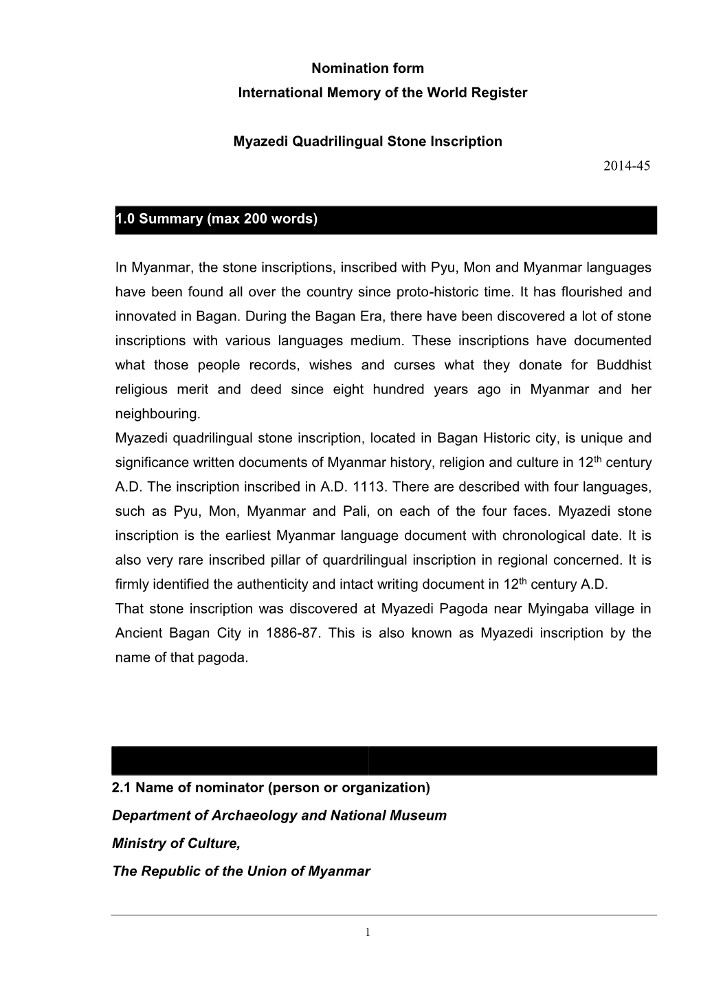 Nomination Form International Memory of the World Register