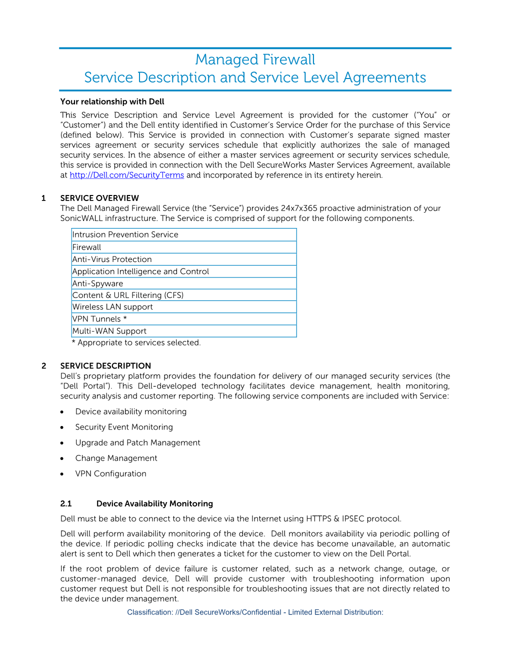 Managed Firewall Service Description and Service Level Agreements