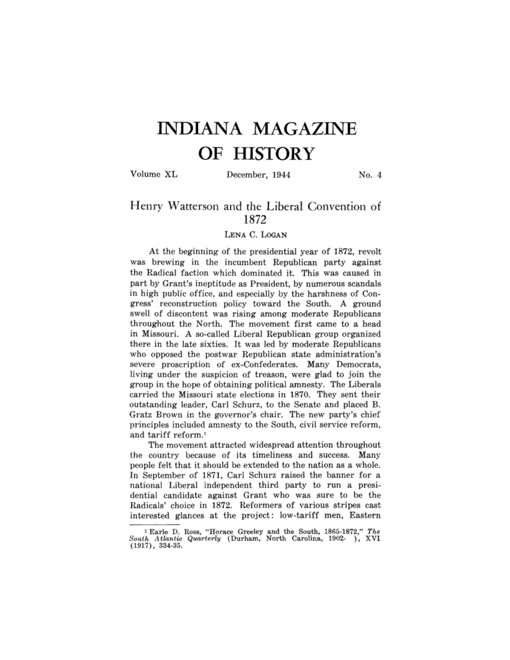 INDIANA MAGAZINE of HISTORY Volume XL December, 1944 No