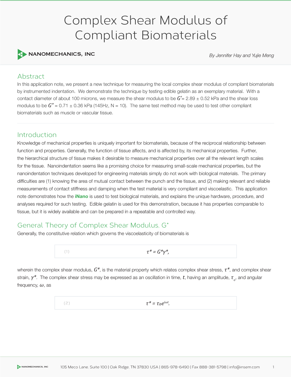 Complex Shear Modulus of Compliant Biomaterials