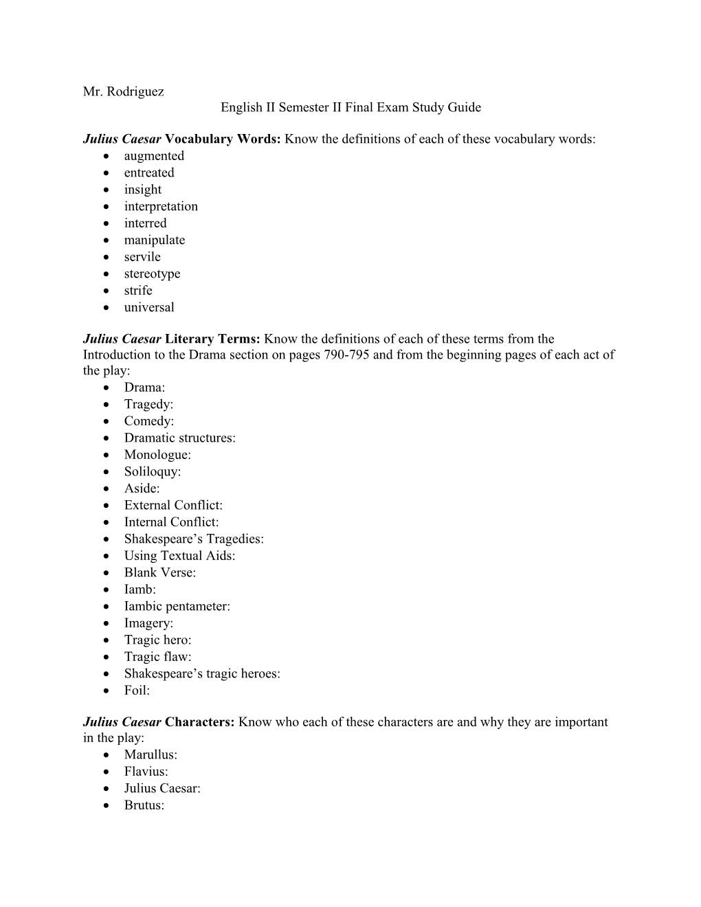 English II Semester II Final Exam Study Guide