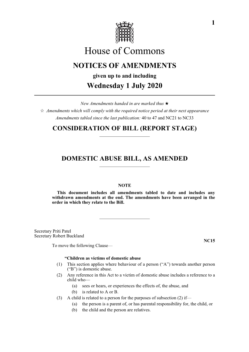 AMENDMENTS Given up to and Including Wednesday 1 July 2020