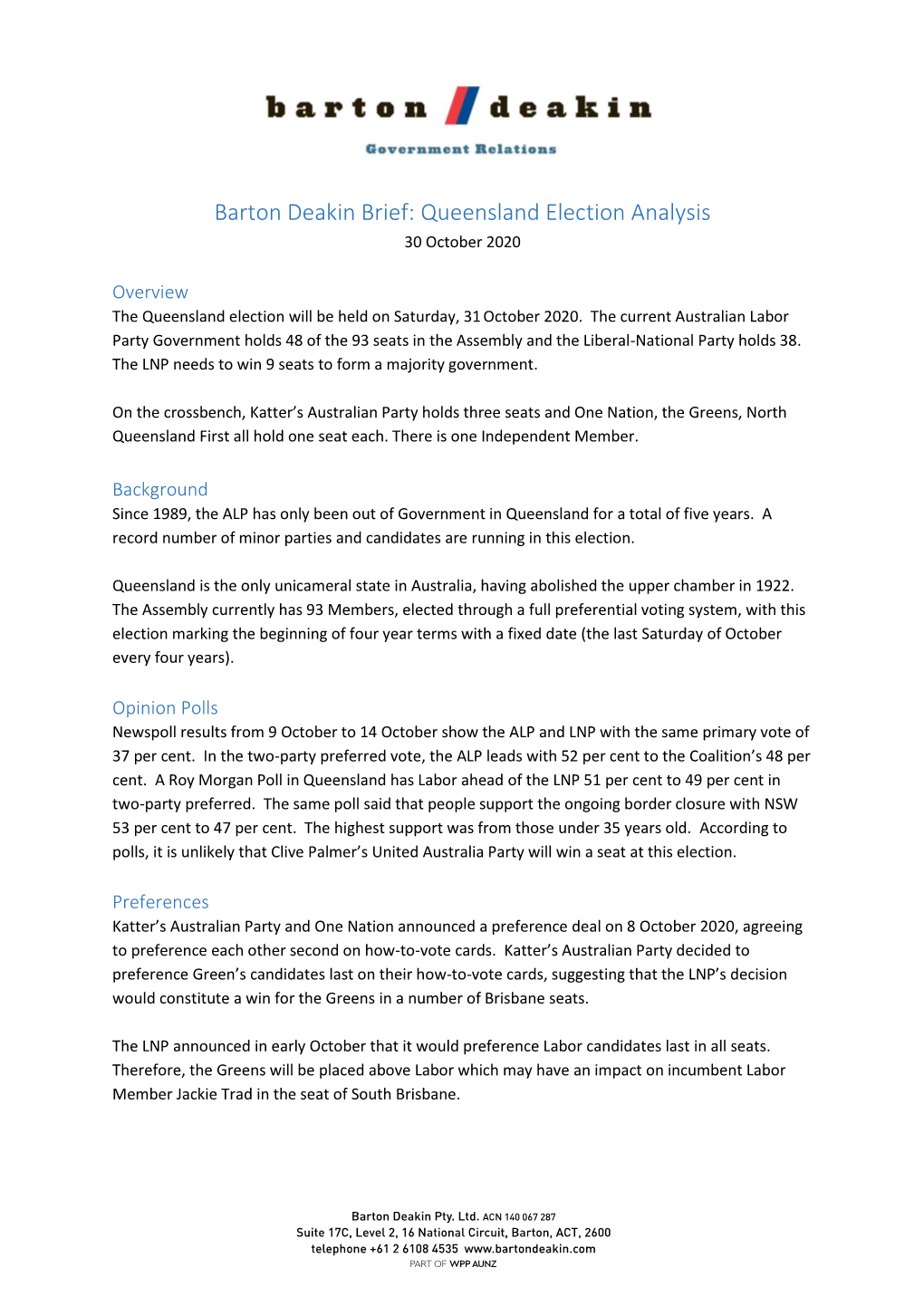 Queensland Election Analysis 30 October 2020