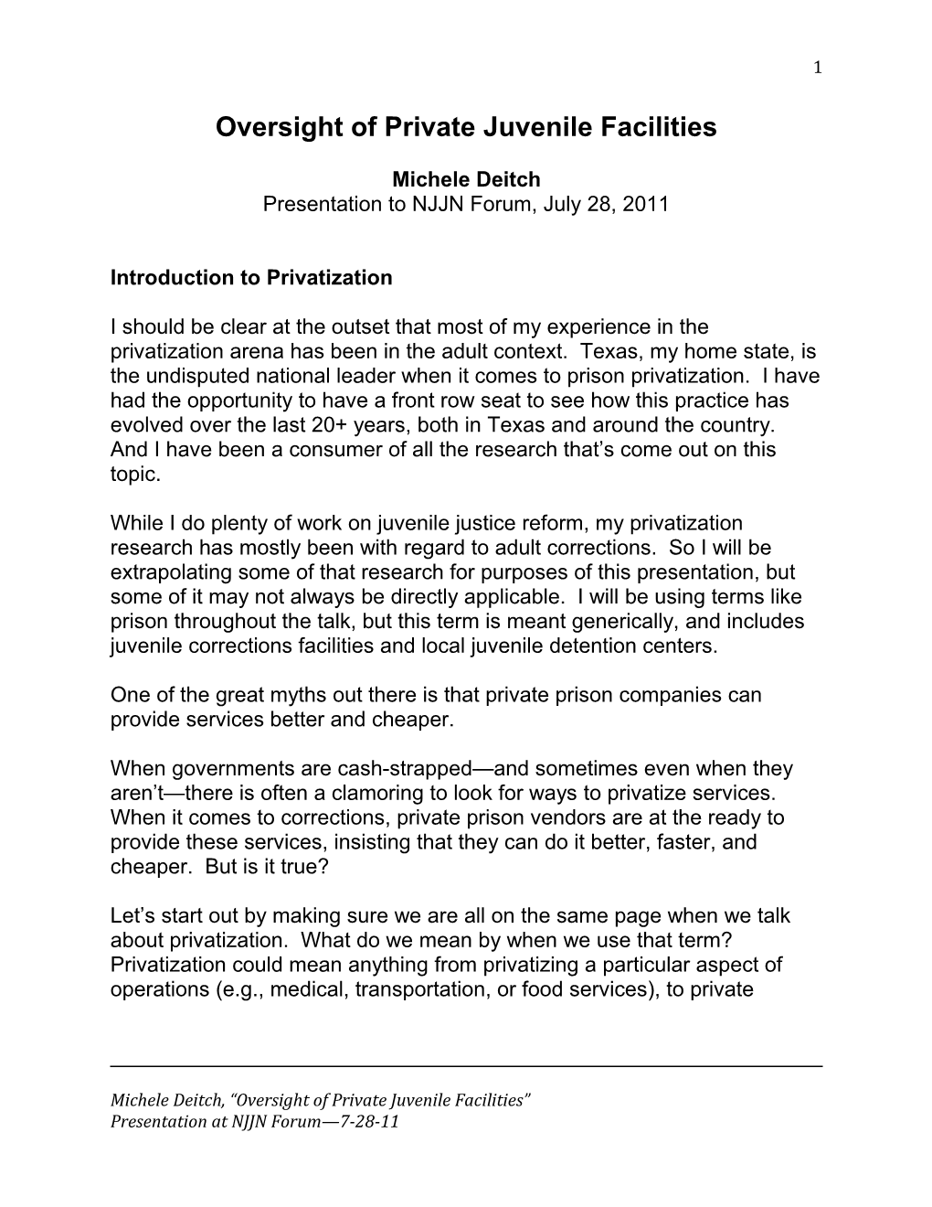 Oversight Of Private Juvenile Facilities