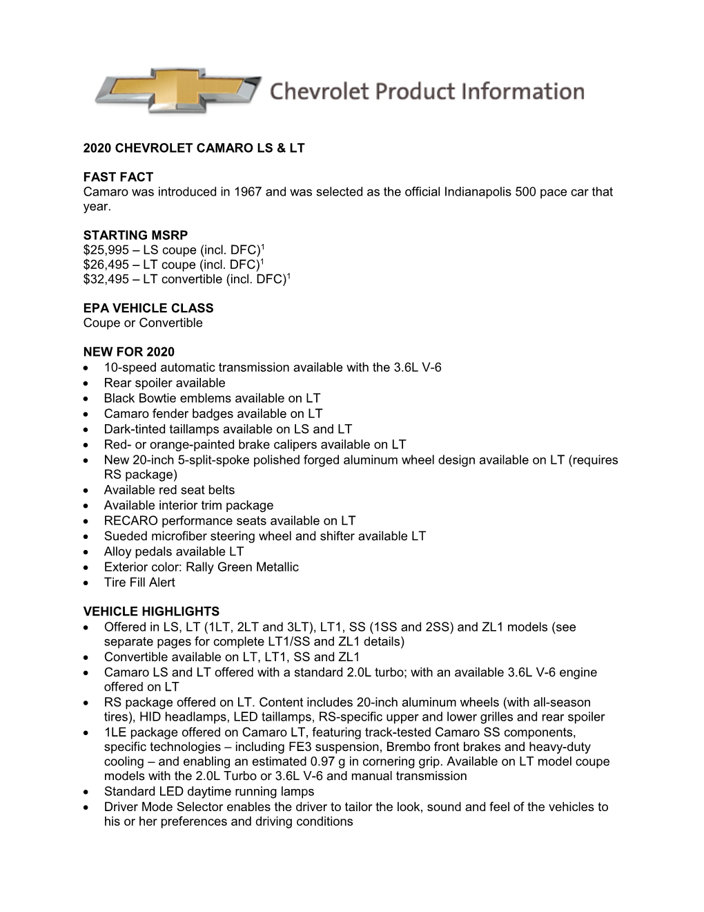 2020 CHEVROLET CAMARO LS & LT FAST FACT Camaro Was