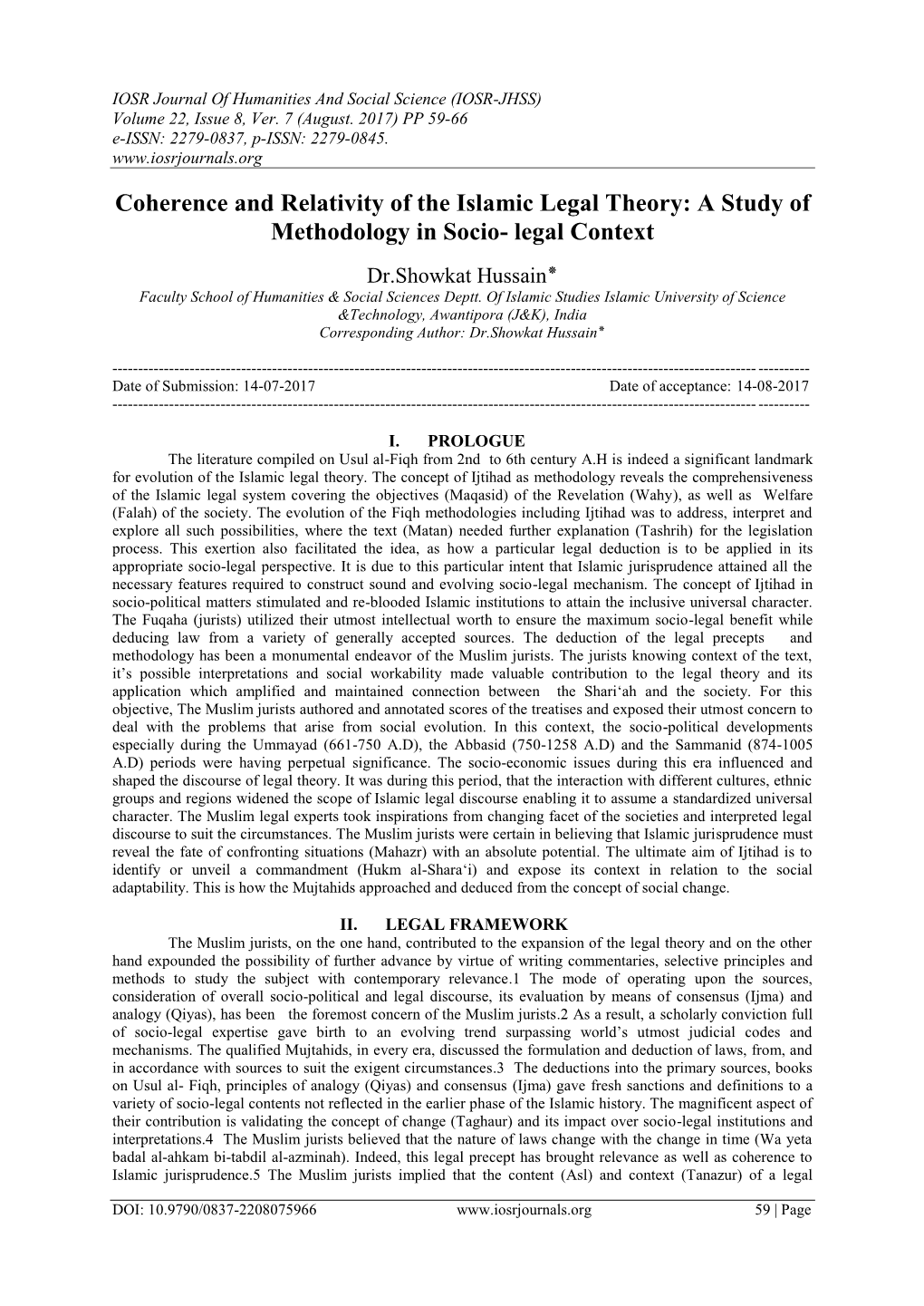 Coherence and Relativity of the Islamic Legal Theory: a Study of Methodology in Socio- Legal Context