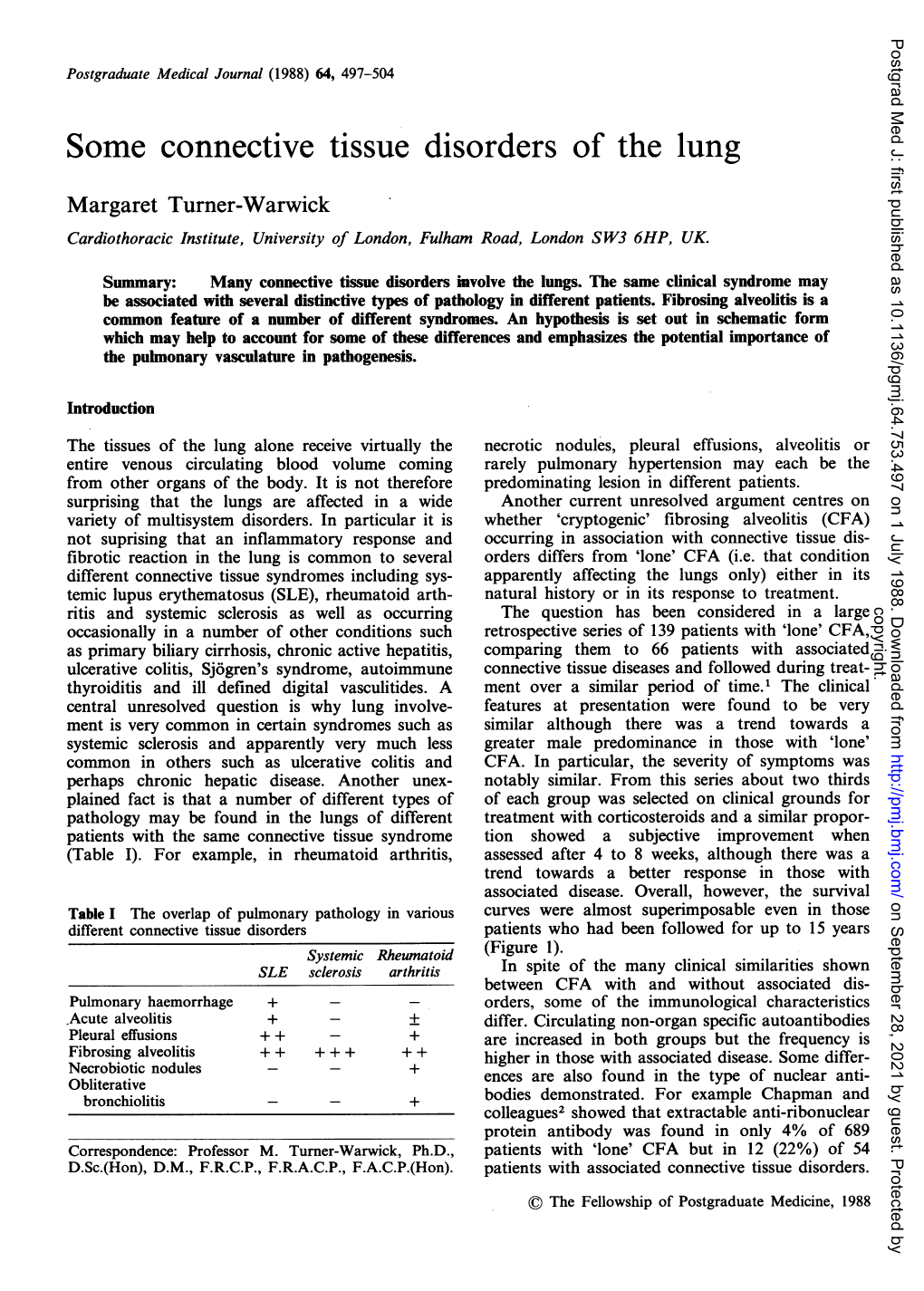 Some Connective Tissue Disorders of the Lung Margaret Turner-Warwick Cardiothoracic Institute, University of London, Fulham Road, London SW3 6HP, UK