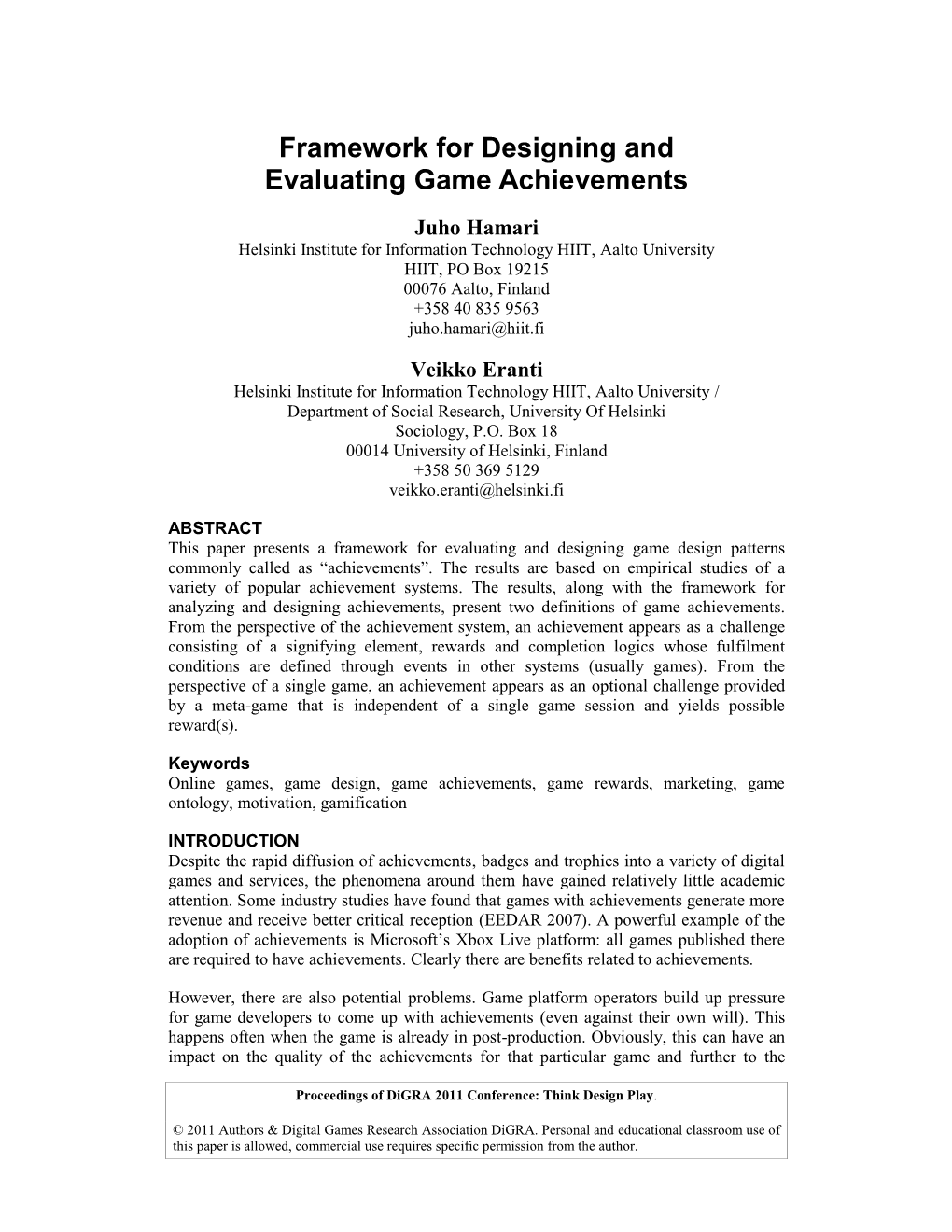 Framework for Designing and Evaluating Game Achievements