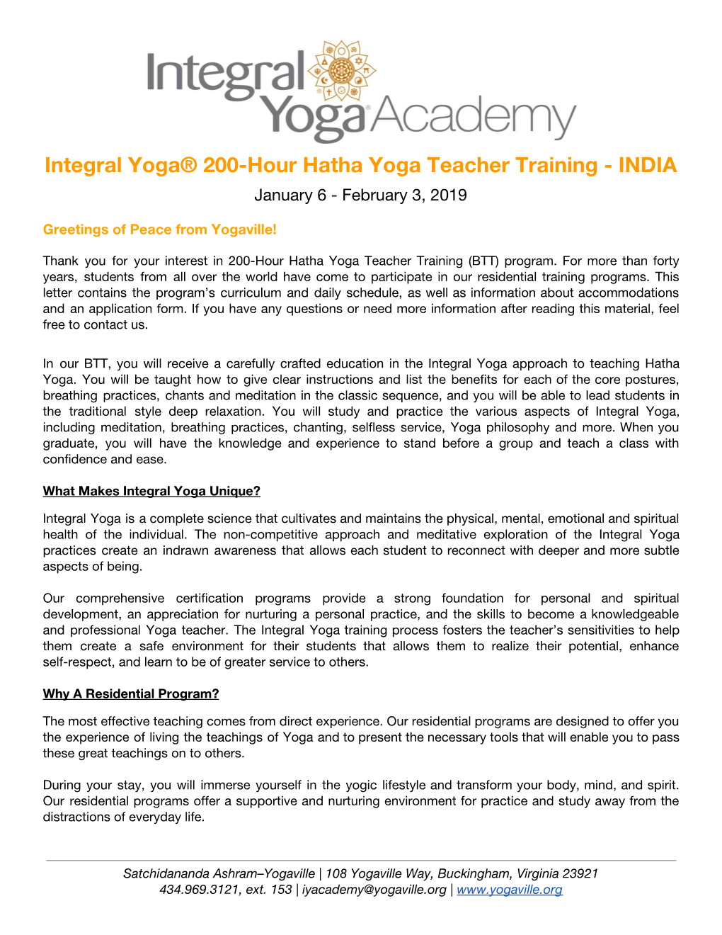 Integral Yoga® 200-Hour Hatha Yoga Teacher Training - INDIA January 6 - February 3, 2019