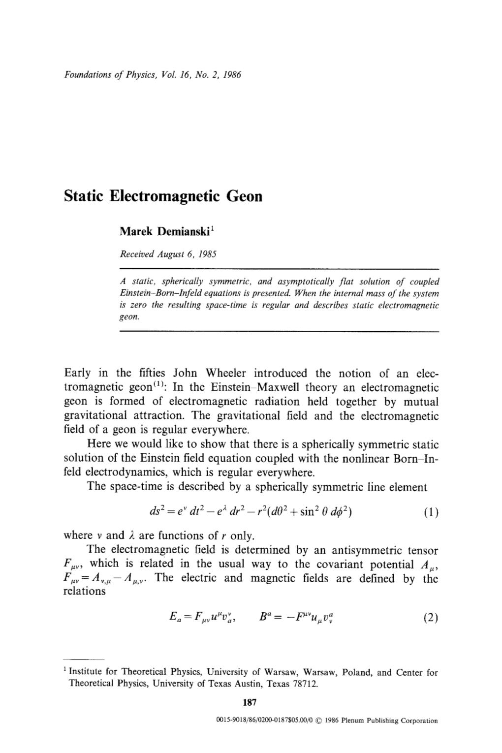 Static Electromagnetic Geon