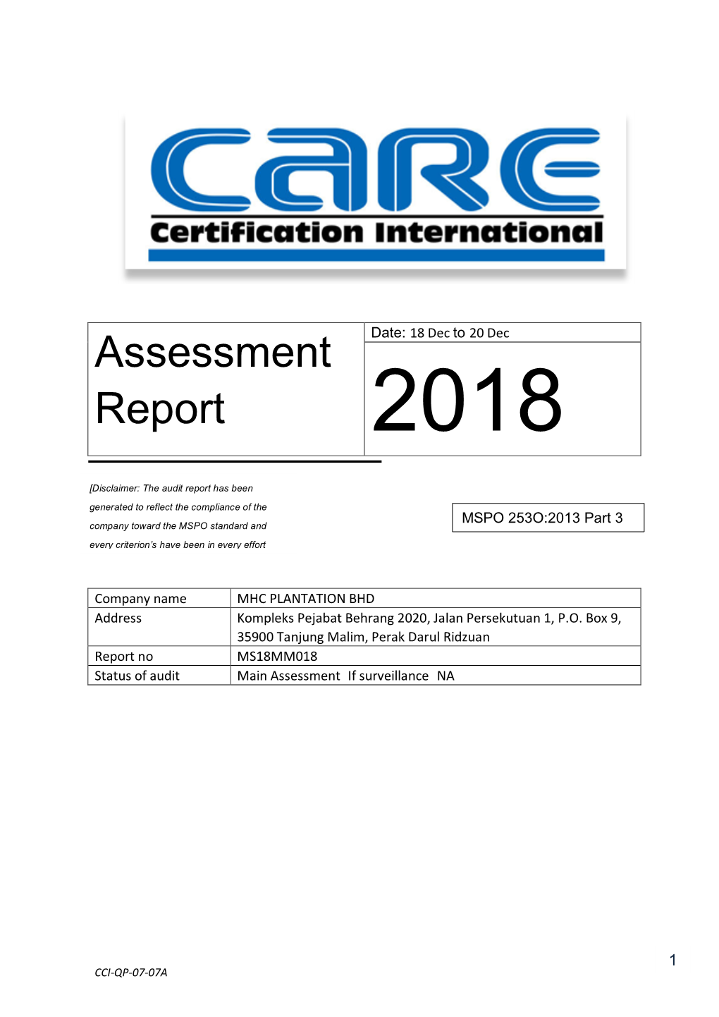 Assessment Report with Assessment Date on 13Th – 17Th November 2018