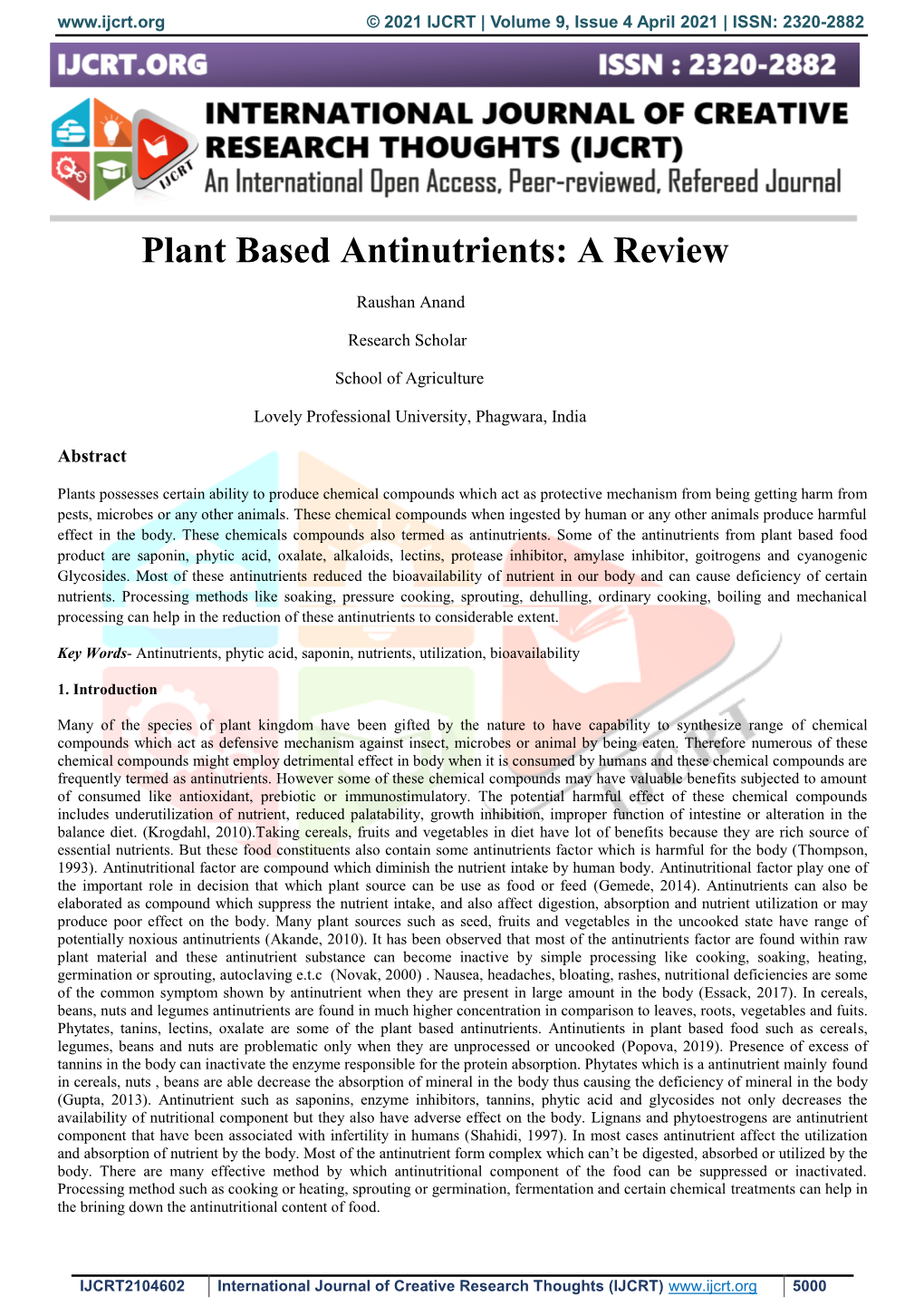 Plant Based Antinutrients: a Review