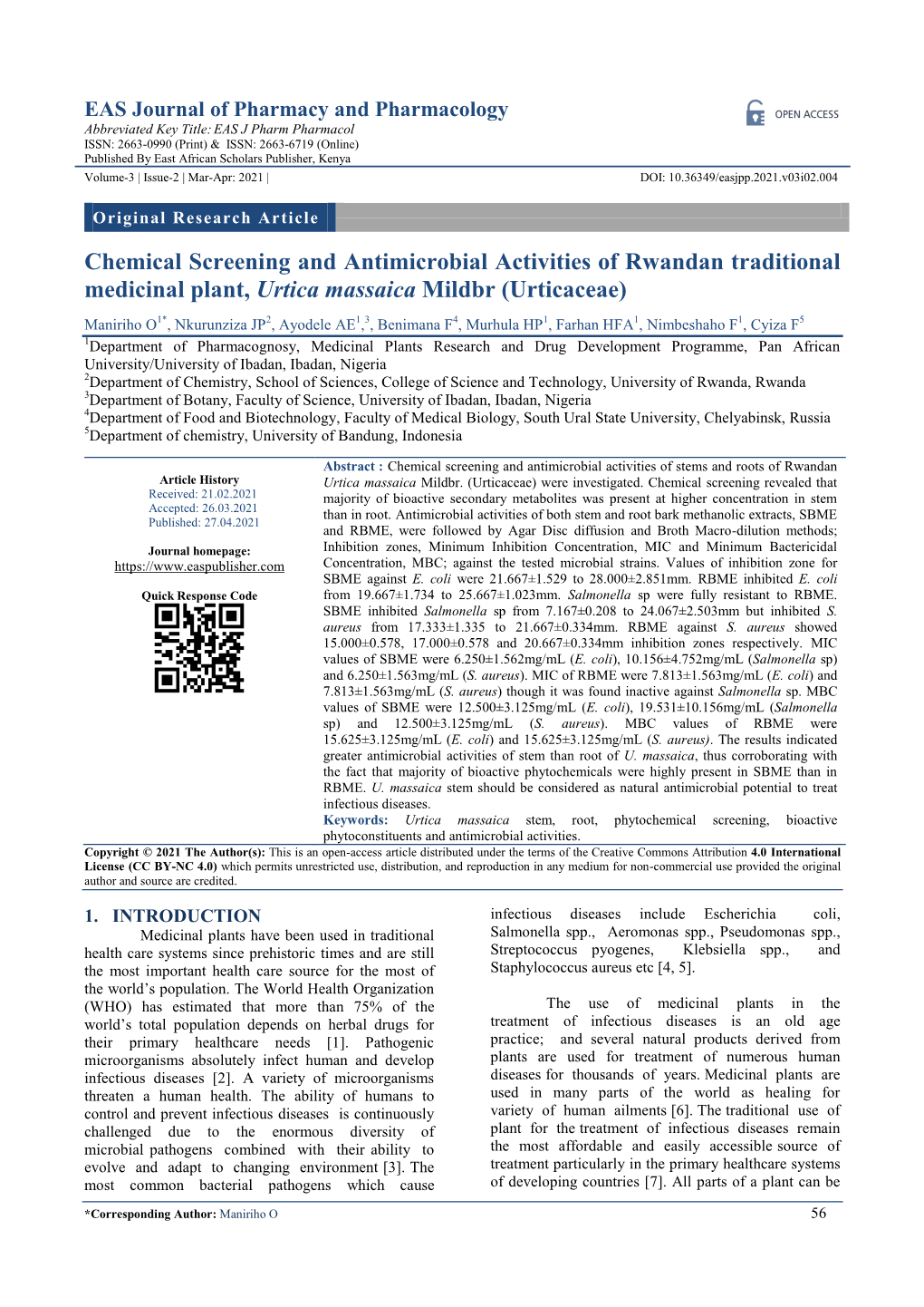 Chemical Screening and Antimicrobial Activities of Rwandan Traditional Medicinal Plant, Urtica Massaica Mildbr (Urticaceae)