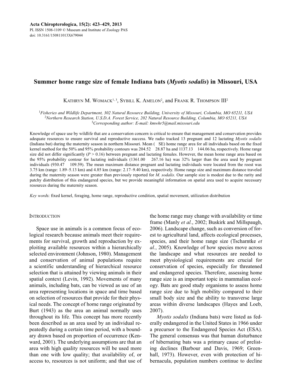 Summer Home Range Size of Female Indiana Bats (Myotis Sodalis) in Missouri, USA