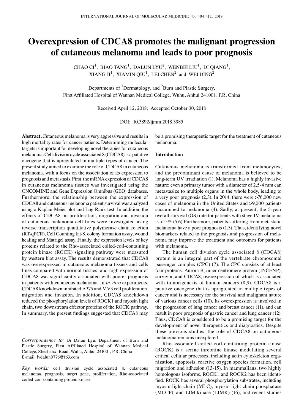 Overexpression of CDCA8 Promotes the Malignant Progression of Cutaneous Melanoma and Leads to Poor Prognosis