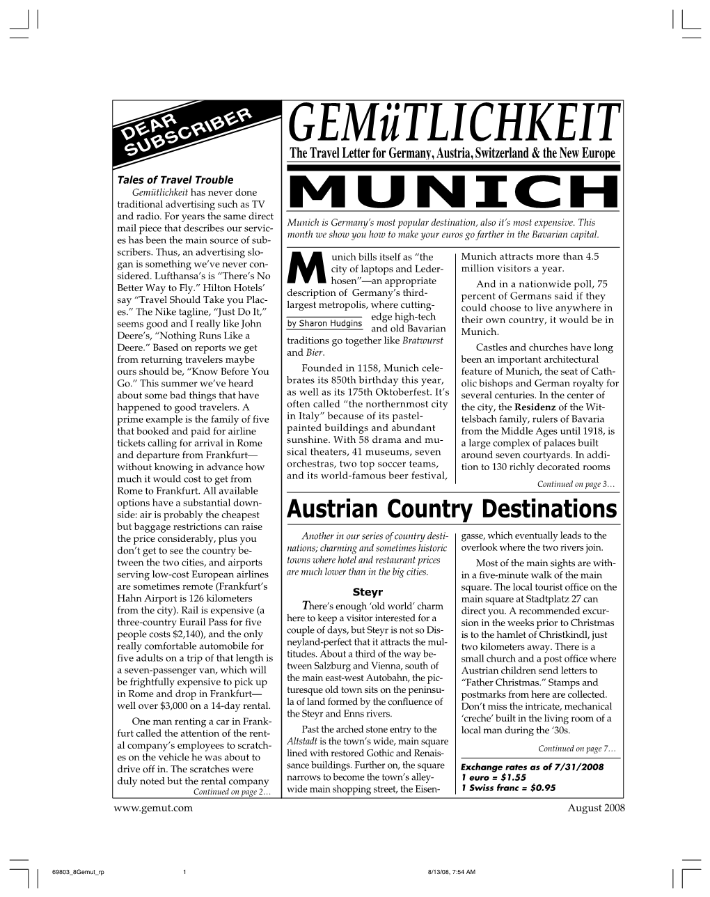 Gemütlichkeit SUBSCRIBER the Travel Letter for Germany, Austria, Switzerland & the New Europe