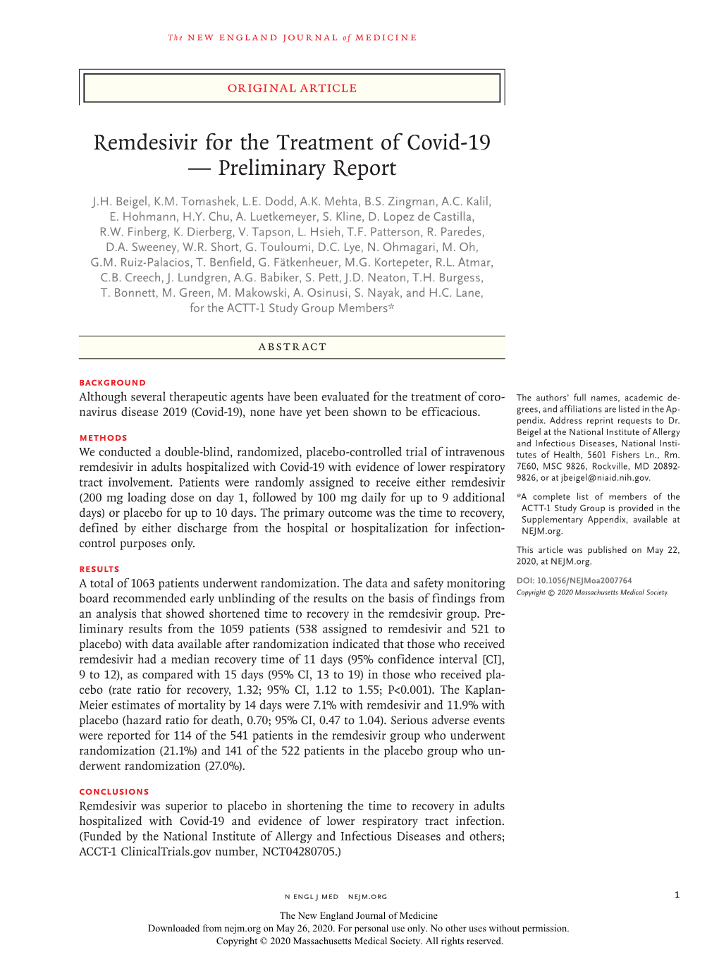 Remdesivir for the Treatment of Covid-19 — Preliminary Report