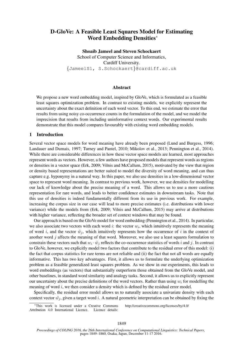 D-Glove: a Feasible Least Squares Model for Estimating Word Embedding Densities∗