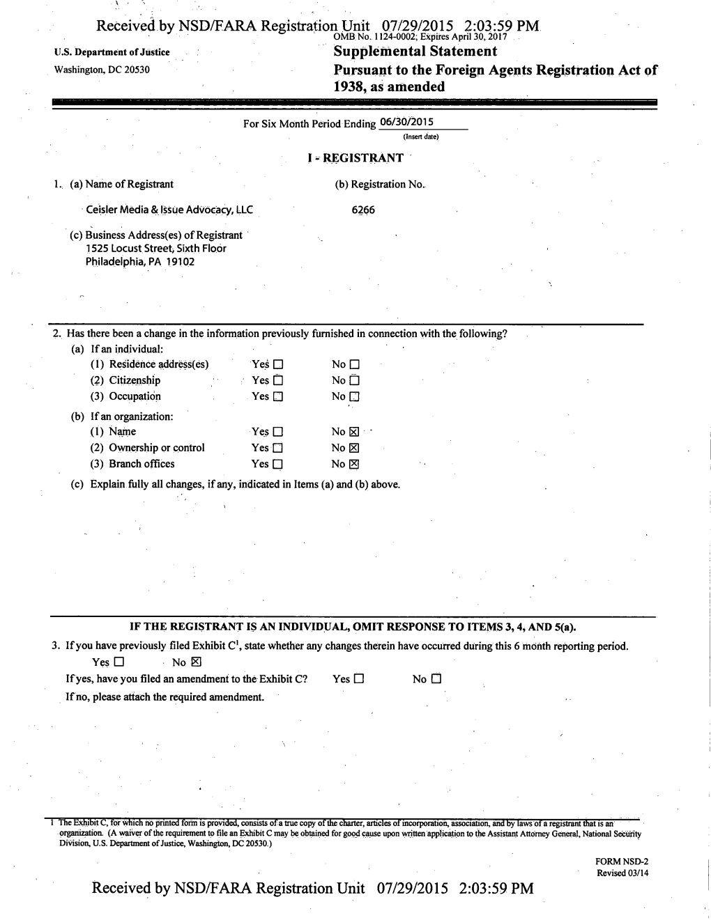 Received by NSD/FARA Registration Unit 07/29/2015 2:03:59 PM U.S. Department of Justice Supplemental Statement Washington, DC 20