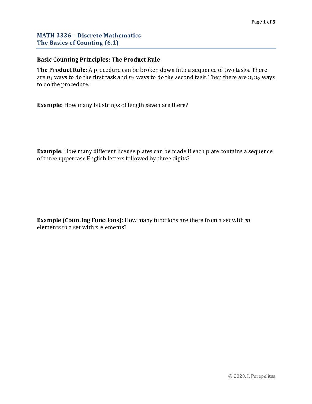 MATH 3336 – Discrete Mathematics the Basics of Counting (6.1) Basic