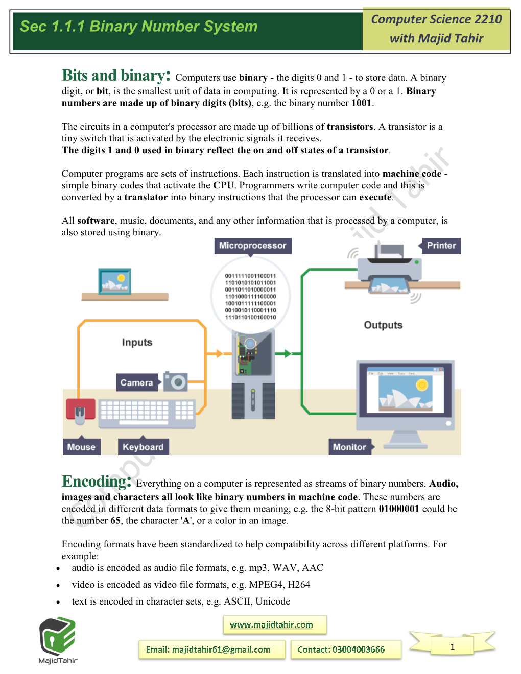 Sec 1.1.1 Binary Number System Computer Science 2210 with Majid Tahir