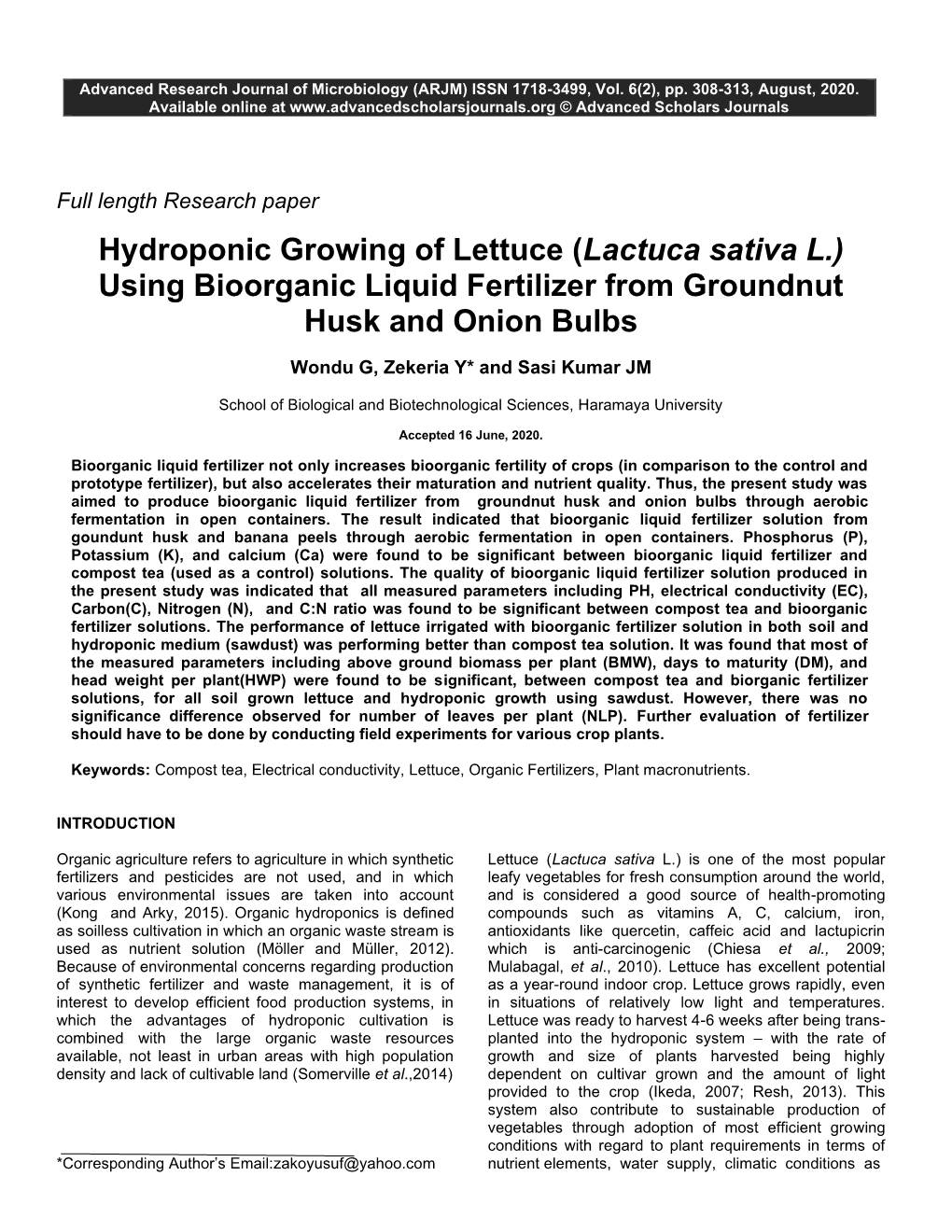 Hydroponic Growing of Lettuce (Lactuca Sativa L.) Using Bioorganic Liquid Fertilizer from Groundnut Husk and Onion Bulbs