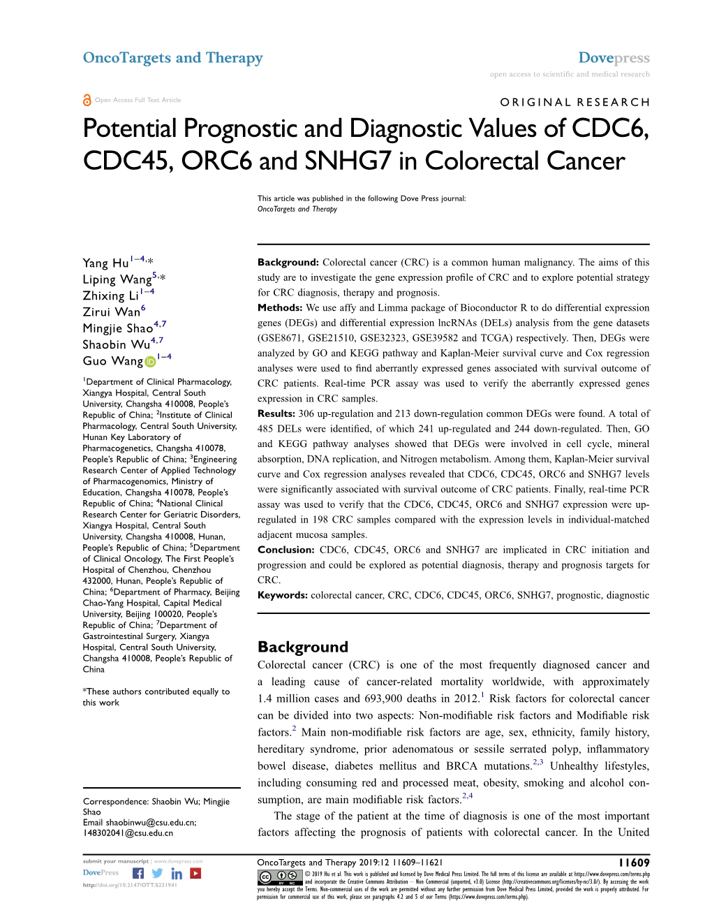 Potential Prognostic and Diagnostic Values of CDC6, CDC45, ORC6 and SNHG7 in Colorectal Cancer