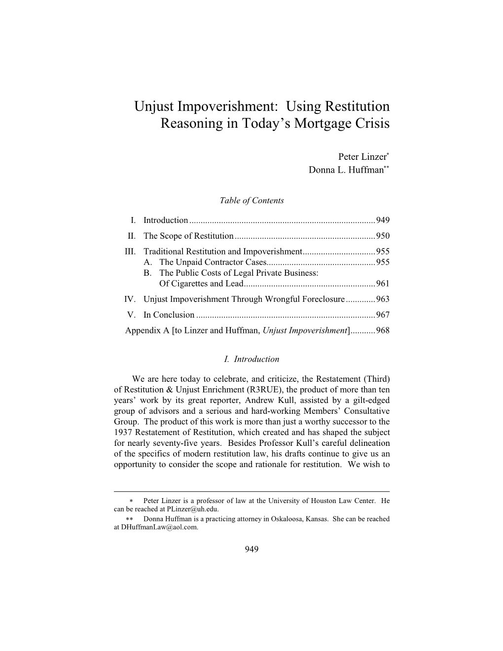 Unjust Impoverishment: Using Restitution Reasoning in Today's