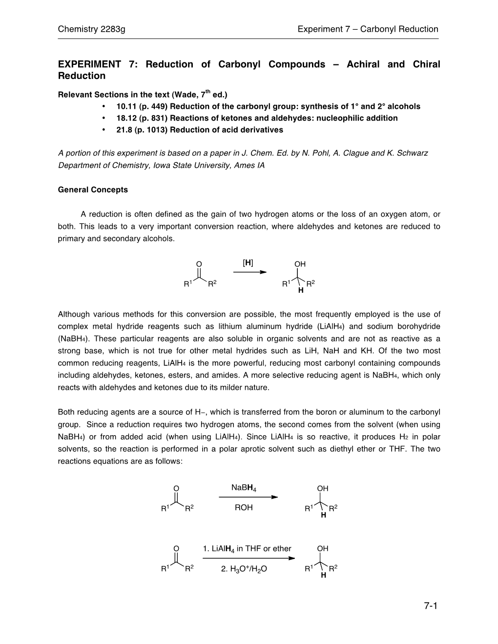 7-1 EXPERIMENT 7: Reduction of Carbonyl Compounds – Achiral And