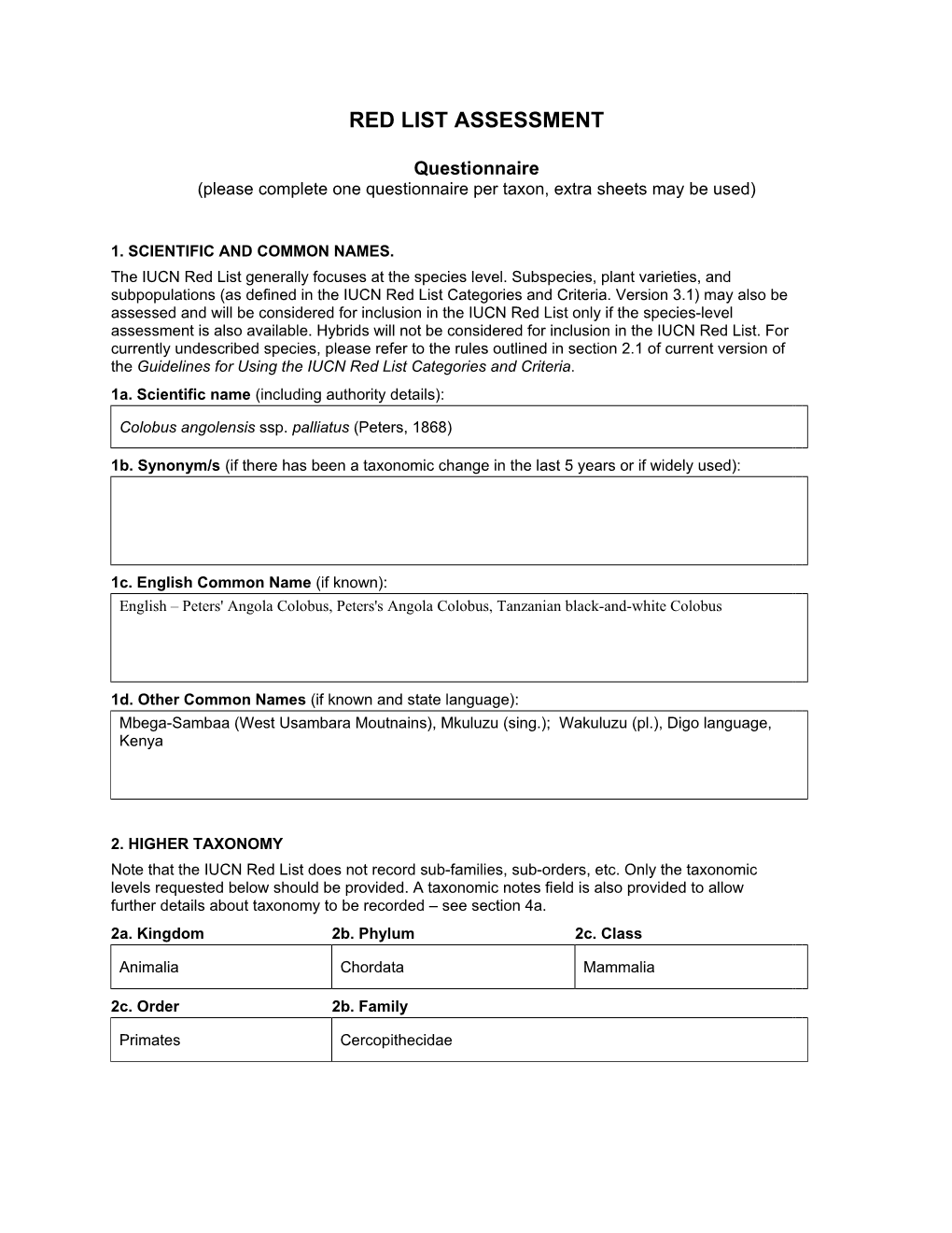 Colobus Angolensis Palliatus Red List Assessment