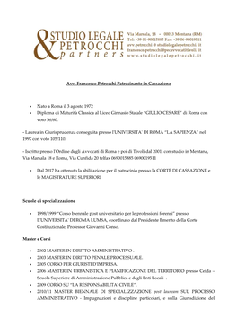 Avv. Francesco Petrocchi Patrocinante in Cassazione • Nato a Roma Il 3