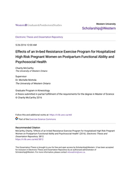 Effects of an In-Bed Resistance Exercise Program for Hospitalized High Risk Pregnant Women on Postpartum Functional Ability and Psychosocial Health