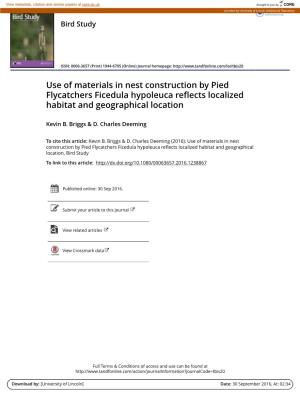 Use of Materials in Nest Construction by Pied Flycatchers Ficedula Hypoleuca Reflects Localized Habitat and Geographical Location