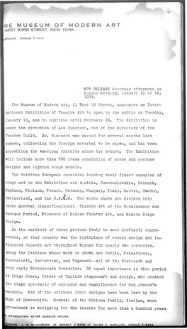 EXHIBIT of INTERNATIONAL THEATRE ART to OPEN January 13, 1934