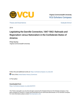 Legislating the Danville Connection, 1847-1862: Railroads and Regionalism Versus Nationalism in the Confederate States of America