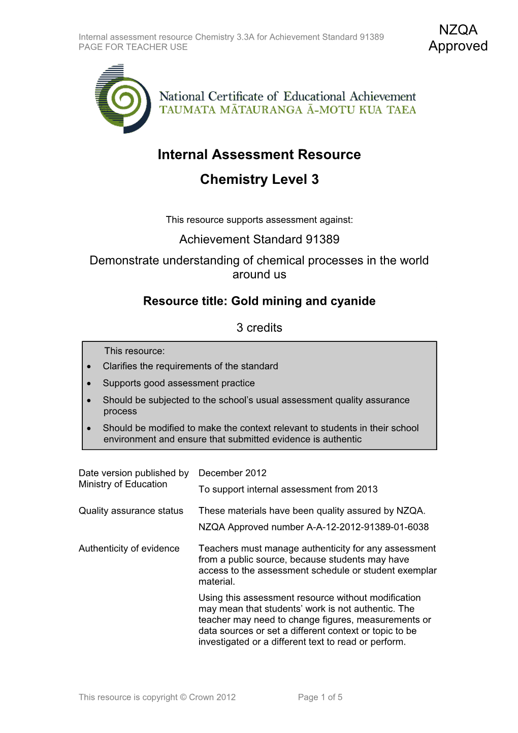 Level 3 Chemistry Internal Assessment Resource