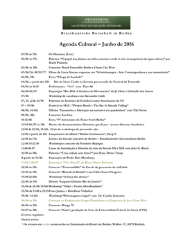 Agenda Cultural – Junho De 2016