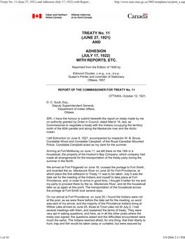 Treaty No. 11 (June 27, 1921) and Adhesion (July 17, 1922) with Report