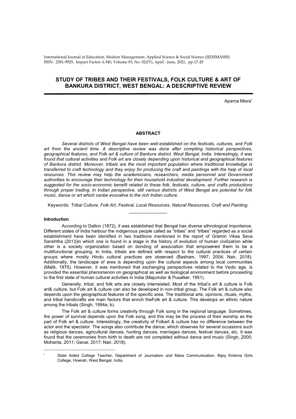 Study of Tribes and Their Festivals, Folk Culture & Art of Bankura District, West Bengal: a Descriptive Review