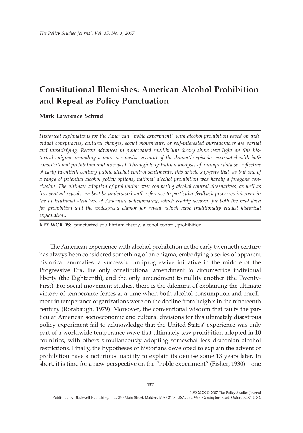 American Alcohol Prohibition and Repeal As Policy Punctuation