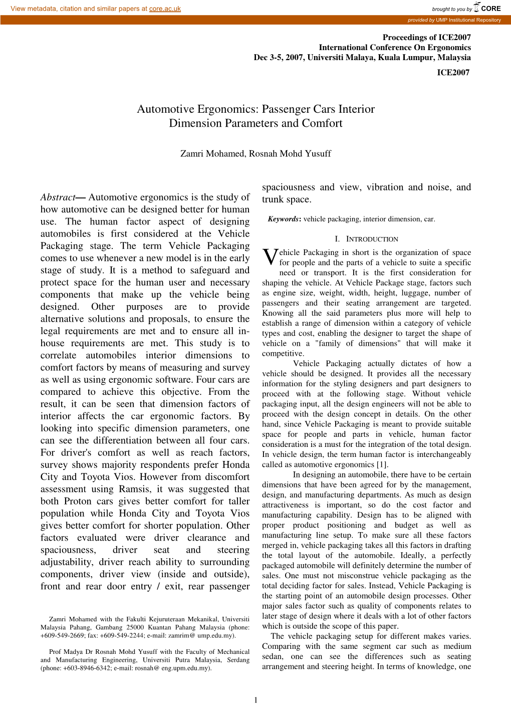 Automotive Ergonomics: Passenger Cars Interior Dimension Parameters and Comfort