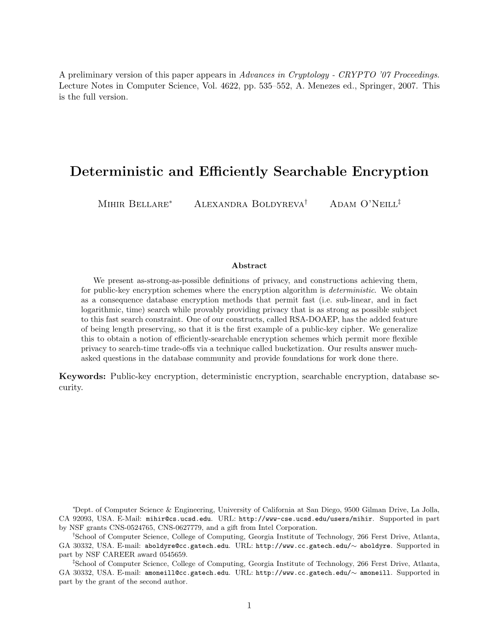 Deterministic and Efficiently Searchable Encryption