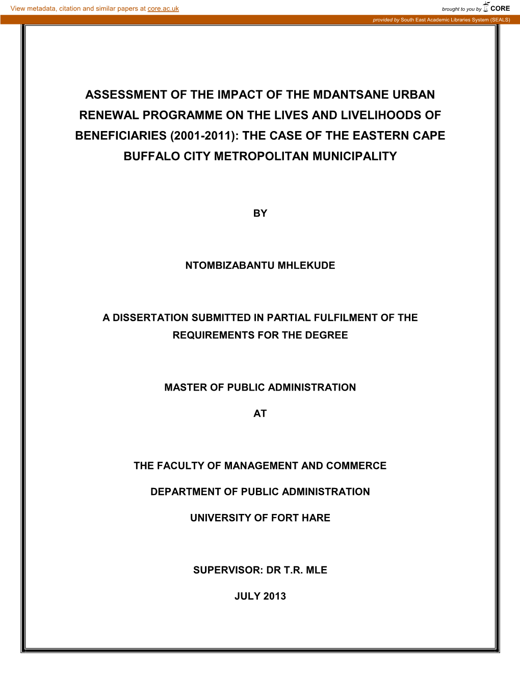 Assessment of the Impact of the Mdantsane Urban