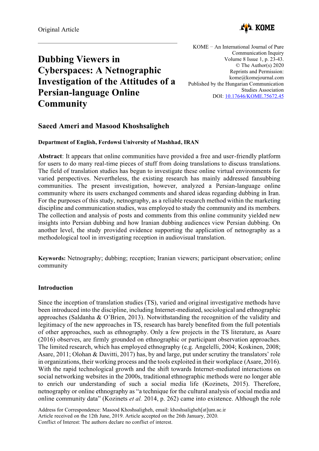 Dubbing Viewers in Cyberspaces: a Netnographic Investigation of the Attitudes of a Persian-Language Online Community