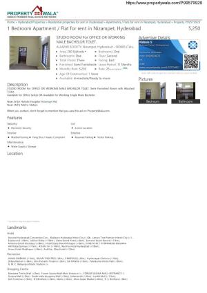 1 Bedroom Apartment / Flat for Rent in Nizampet, Hyderabad 5,250 STUDIO ROOM for OFFICE OR WORKING Advertiser Details MALE BACHELOR TOLET