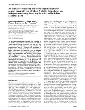 An Insulator Element and Condensed Chromatin Region Separate the Chicken Β-Globin Locus from an Independently Regulated Erythroid-Speciﬁc Folate Receptor Gene