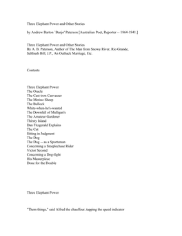 Three Elephant Power and Other Stories by Andrew Barton `Banjo' Paterson [Australian Poet, Reporter -- 1864-1941.]