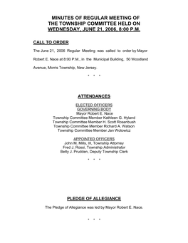 Minutes of Regular Meeting of the Township Committee Held on Wednesday, June 21, 2006, 8:00 P.M