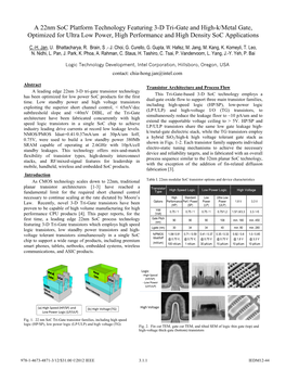 3.1 a 22Nm Soc Platform Technology Featuring 3-D Tri-Gate and High-K/Metal Gate, Optimized for Ultra Low Power, High Performan